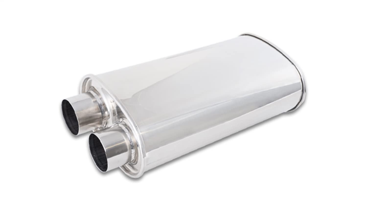 Muffler, Vibrant, 2-1/2 in Same Side Inlet, 2-1/2 in Same Side Outlet, 15 x 5 x 9 in Oval Body, 19 in Long, Stainless, Polished, Universal, Each