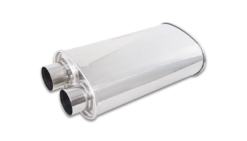 Muffler, Vibrant, 2-1/2 in Same Side Inlet, 2-1/2 in Same Side Outlet, 15 x 5 x 9 in Oval Body, 19 in Long, Stainless, Polished, Universal, Each