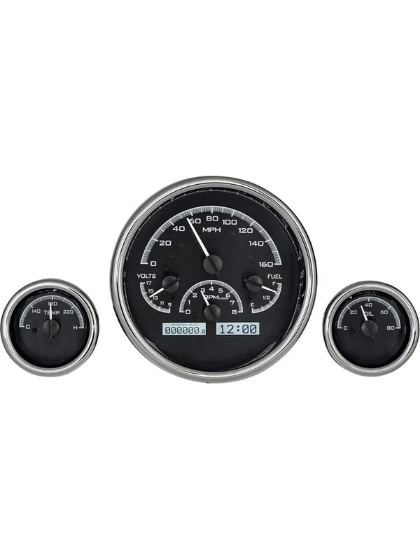 Dakota Digital Universal Triple Round Analog Dash Gauge System VHX-1013-K-W, Black Alloy Style, White Backlighting