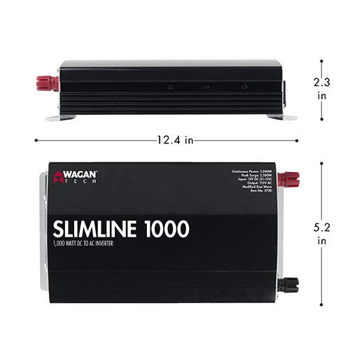 Wagan 1000W Slimline Plus AC to DC Power Inverter 1000 Watt TrueRated Continuous 2500 Watt Surge Power DC 12V to AC 110V Modified Sine Wave 3 AC Outlets and 2A USB Charging Port