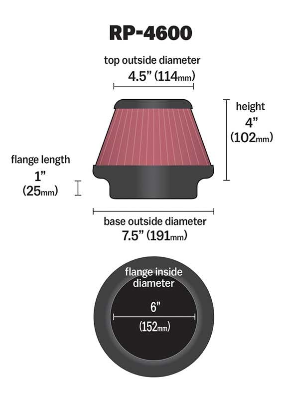 High-Flow K&N Original Lifetime Universal Air Filter - Carbon Fiber Top: High Performance, Premium: Flange Diameter: 6 In, Filter Height: 4 In, Flange Length: 1 In, Shape: Round Tapered, RP-4600