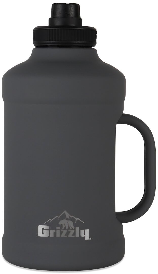 64oz Grizzly Water Bottle | Vacuum Insulated | Leak Resistant Lid | Stainless Steel | Heavy Duty Handle | For Gym Hiking Beach Sports Camping | Stealth Gray