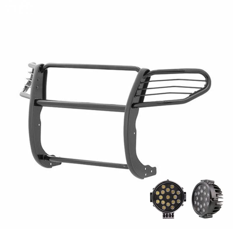 Grille Brush Black Horse Bumper Guard Modular Semi-Gloss Black Come with Pair of 7.0" Dia.LED Lights with Black Trim Rings Compatible with 2007-2014 Ford Expedition-17FP31MA-PLB