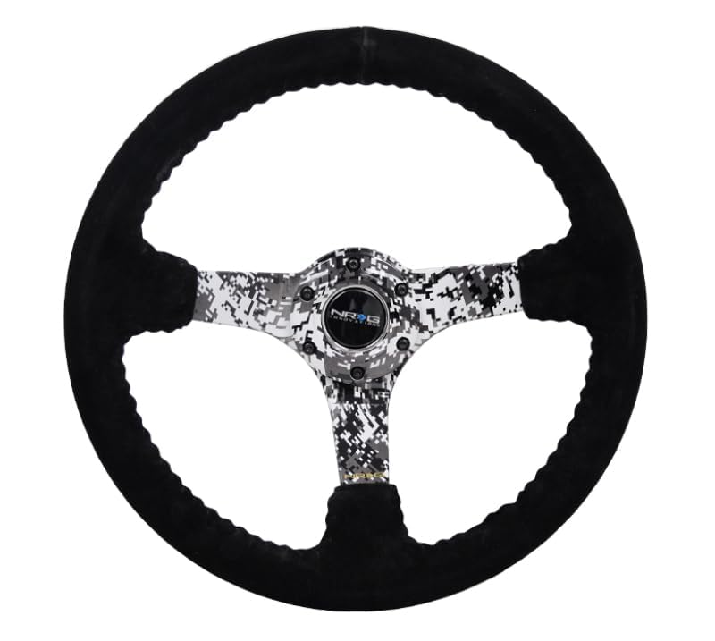 NRG Innovations Reinforced Steering Wheel NRG-RST-036DC-R Hydro Dipped Digital Camo 3" Deep, 5mm Spoke, 350mm Sport Steering Wheel Black Suede With Black Baseball Stitching