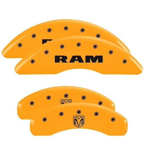 Brake Caliper Covers MGP for 2019-2025 RAM 1500 (Requires 18"+ Wheels or Larger) Engraved RAM & RAM Head Logo, Yellow Powder-Coated Finish, Aluminum Front and Rear Caliper Covers (Set of 4)