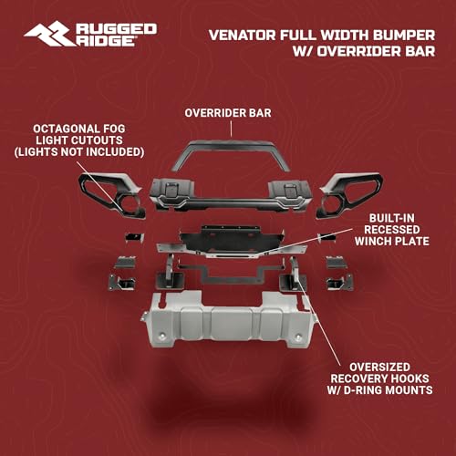 Venator Rugged Ridge Bumper, Front for Jeep Wrangler/Gladiator | Full Width w/Overrider & Winch Tray, Steel, Black | 11549.41 | Fits 2018-2025 Jeep Wrangler JL; 2020-2025 Jeep Gladiator JT