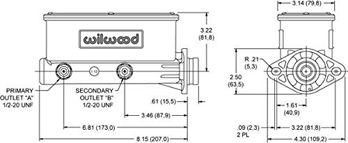 Wilwood Tandem Master Cylinder, 1 in Bore, 1.100 in Stroke, Integral Reservoir, Aluminum, Black Paint, Kit (260-8555-BK)