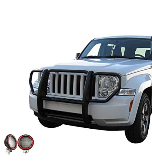 Grille Brush Black Horse Bumper Guard 1-Piece Black Come with Pair of 5.3" Dia.LED Lights with Red Trim Rings Compatible with 2008-2012 Jeep Liberty-17A086400A-PLFR
