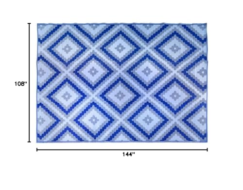 Camco Outdoor Rug | Blue & White Zig Zag Diamond Design Features Reversible | Made of Lightweight Breathable Material | Measures 9’ x 12’ & Folds for RV Storage and Organization (42866)