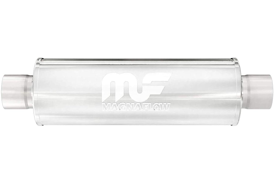 7in Round MagnaFlow Center/Center Performance Muffler 12774 - Straight-Through, 5in Inlet/Outlet Diameter, 24in Body Length, 30in Overall Length, Satin Finish - Classic Deep Exhaust Sound