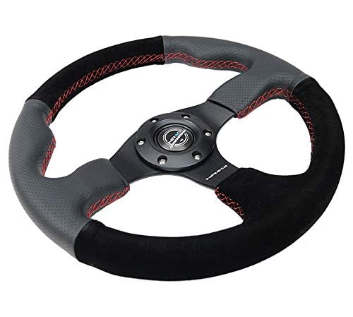 NRG Innovations Reinforced NRG-RST-012R-S-RS Steering Wheel- 320mm Sport Leather/Suede Steering Wheel with Red Stitch