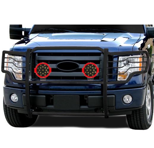 Bumper Guard Black Horse Grille brush Modular Come With pair of 7.0"Dia.LED Lights with Red Trim Rings Compatible with 2009-2014 Ford F-150-17FP30MA-PLR