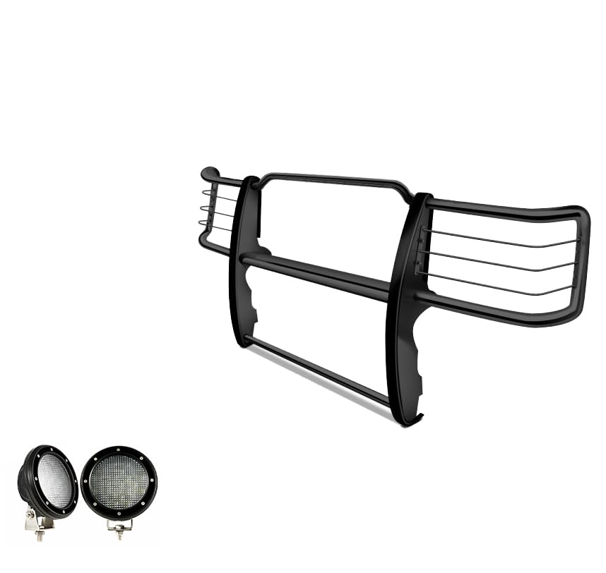 Grille Brush Black Horse Bumper Guard Modular Black Come with Pair of 5.3" Dia.LED Lights with Black Trim Rings Compatible with 1995-2001 Ford Explorer|1997-2001 Mercury Mountaineer-17F80218MA-PLFB