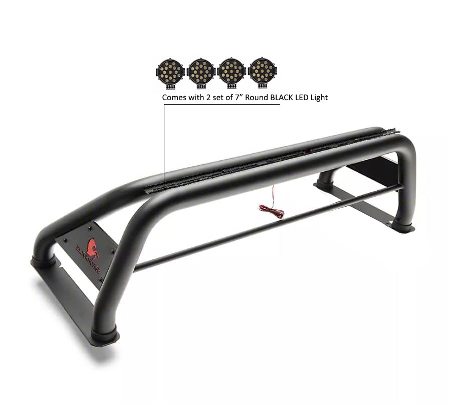 Classic Black Horse Roll Bar incl. Pair of 7.0" Dia. LED Lights w/Black Trim Rings Compatible with 2005-2021 Nissan Frontier-RB-NIFRB-PLB