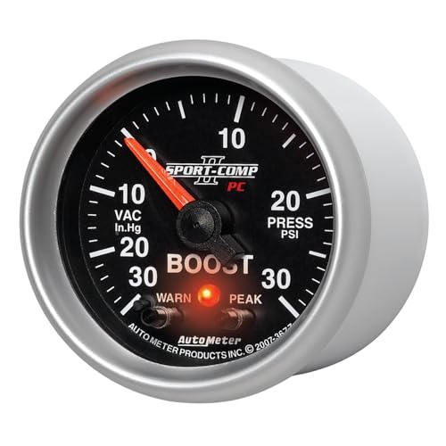 Auto Meter 3677 Full Sweep Electric Vacuum/Boost Gauge Sport-Comp II PC 2-1/16" 30 in. Hg/30 PSI Peak and Warn with Electronic Control