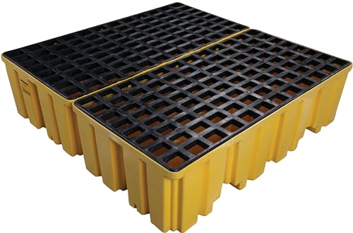 High Capacity Eagle 4 Drum Spill Containment Pallet with Drain and Forklift Pockets, 52.5"x51"x13.75", 132 Gallon Sump, 8,000 lbs. Load Capacity Secondary Containment Pallet, Made in USA, Yellow, 1640