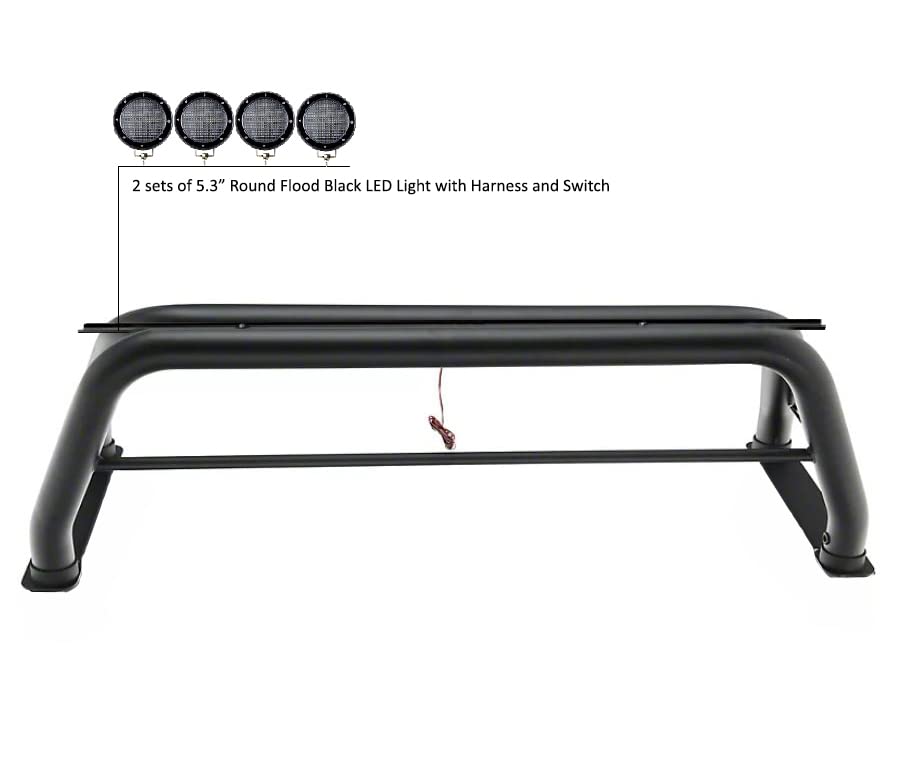 Classic Black Horse Roll Bar Incl. Set of 5.3" Dia.Led Lights w/Black Trim Rings Compatible with 19-24 Ram 1500 Excludes Classic models-RB002BK-PLFB
