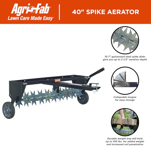 40 inch Agri-Fab Tow Behind Spike Aerator for Aerating Lawns; 10 Galvanized Steel Spike Disks, Universal Hitch, Black