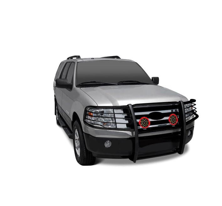 Grille Brush Black Horse Bumper Guard Modular Black Come with Pair of 7.0" Dia.LED Lights with Red Trim Rings Compatible with 1995-2001 Ford Explorer|1997-2001 Mercury Mountaineer-17F80218MA-PLR