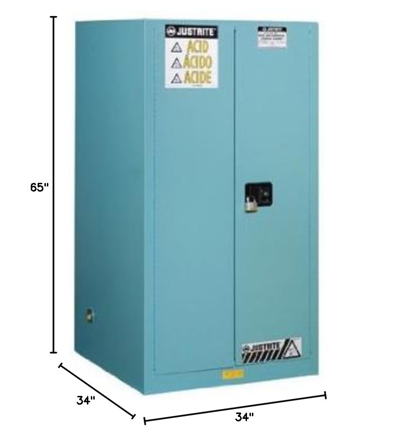 Justrite Storage Cabinet Acid Corrosive - 60 Gallon 2 Door Manual Close Chemical Cabinet with ChemCor® Coating - 34" x 65" x 34" - Made in The USA - Light Blue - 8960022