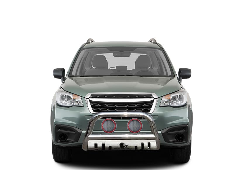 Bull Bar Black Horse Skid Plate Stainless Steel Come with Pair of 5.3" Dia. LED Flood Lights with Red Trim Rings Compatible with 2014-2018 Subaru Forester-CBS-SU0102-SP-PLFR