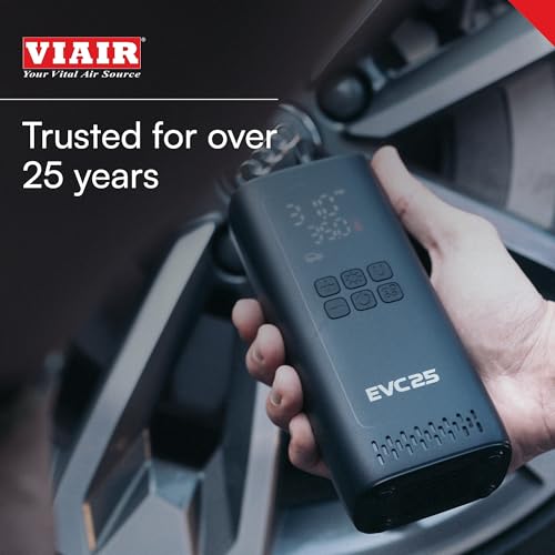 Every Vehicle Viair Carry EVC25 - rechargeable, portable compressor - LED gauge w/preset - Tire Inflator ideal for compact & mid-size cars, LT trucks, E-bikes, motorcycles & Inflatables