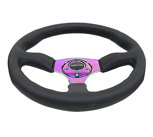 NRG Innovations Reinforced NRG-RST-023MC-R Steering Wheel 350mm Diameter 50mm Depth Sport Leather Racing (2.5" Deep) Comfort Grip, 4mm Metal Neochrome Spoke Double Riveted Spokes