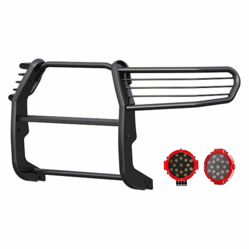 Grille Brush Black Horse Bumper Guard Modular Black Come with Pair of 7.0" Dia.LED Lights with Red Trim Rings Compatible with 08-22 Sequoia|07-21 Tundra(Excl. 08-21 Platinum/Limited)-17A098900MA-PLR
