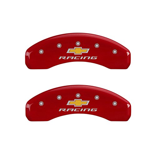 Caliper Covers MGP 14036SBRCRD (Red Powder Coat Finish, Engraved Front and Rear: Chevy racing, Silver Characters, Set of 4)