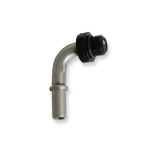 Fitting - Fuel Line Adapter - EARLS 935066ERL - 90 Degree - 3/8 in SAE Male Quick Disconnect to 6 an ORB - Stainless - Aluminum - Black Anodized - Each