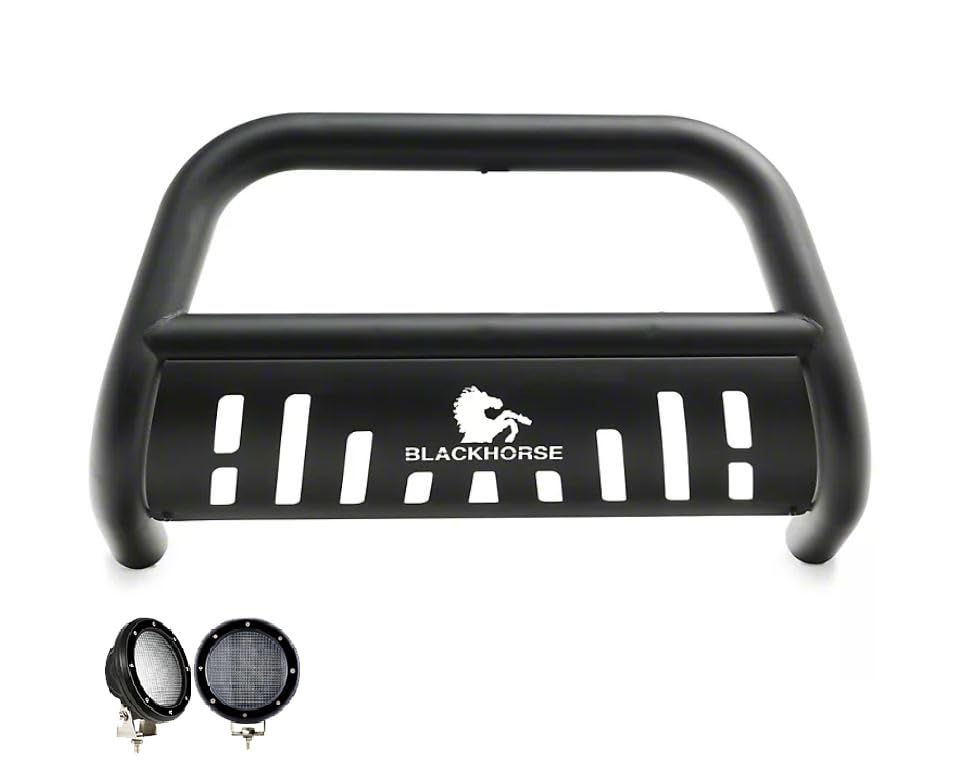 Bull Bar Kit Black Horse Skid Plate Compatible with 2022-2025 Nissan Pathfinder|2022-2024 Infiniti QX60, Comes with a Set of 5.3" Black Round Flood LED Lights