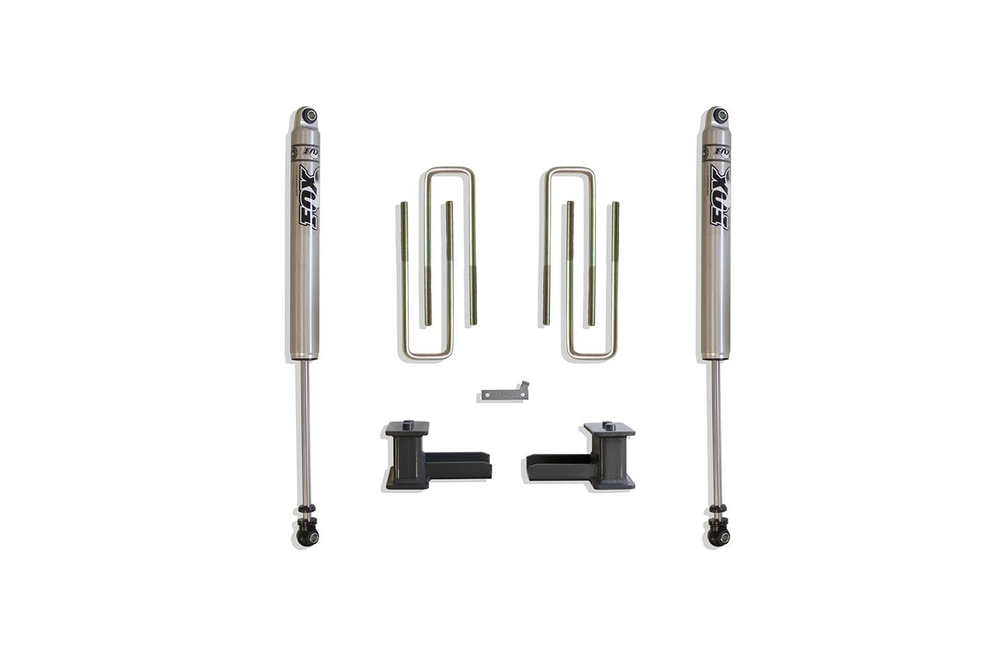 Part# 903141F MaxTrac SUSPENSION'S is A Rear Box KIT Including 4" Lift Blocks, U-Bolts & A Pair of Fox 2.0 Performance Series Rear Shocks
