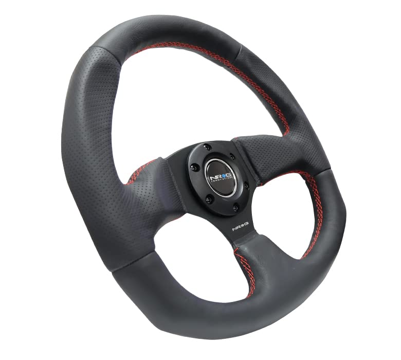 NRG Innovations Reinforced NRG-RST-009R-RS Steering Wheel Black Leather with Red Stitch