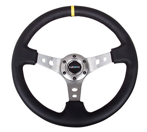 NRG Innovations Reinforced NRG-RST-006GM-Y Steering Wheel 350mm Sport Steering Wheel (3" Deep) Gun Metal Spoke With Round Holes/Black Leather/Yellow Center Mark Stripe Deep Dish 6-Bolt