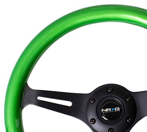 NRG Innovations Steering Wheel NRG-ST-015BK-GN - 350mm 25mm Deep Configuration, Classic Wood Grain Wheel, 3 Black Spokes, Green Pearl/Flake Paint