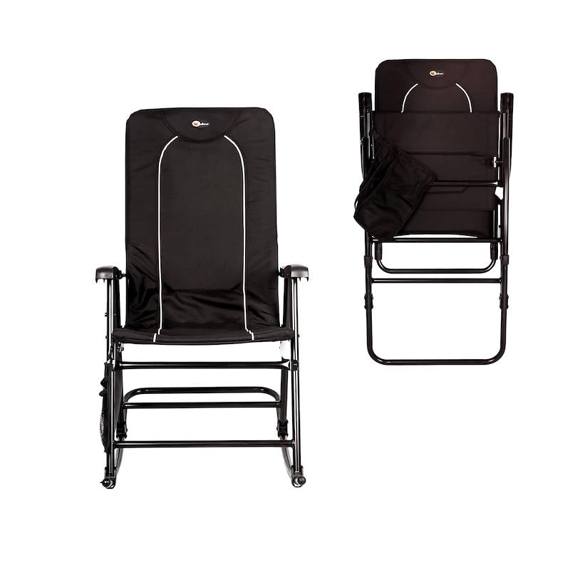 Dakota Faulkner Folding Rocking Chair Black Padded Seat and Backrest Lightweight Steel Frame Side Pouch 300 lb Capacity Foldable Outdoor Camping and Patio Chair