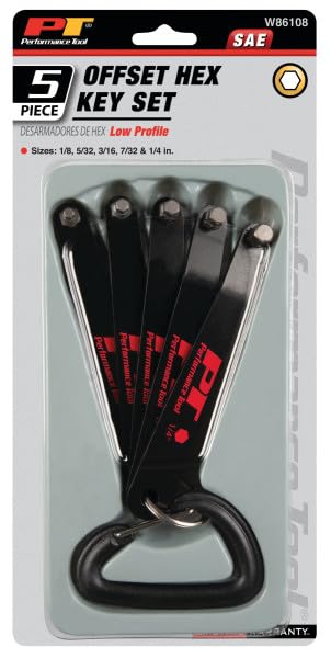 W86108 Performance Tool Low Profile SAE Offset Hex Key Wrench Tool Set for Workshops and Garages, Black, 5-Piece Set