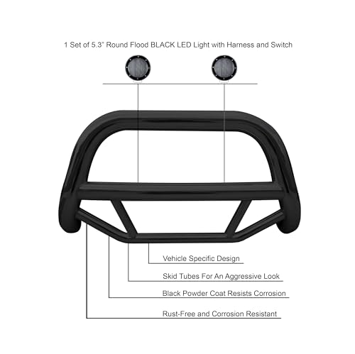 Max Bull Bar Kit Black Horse No Skid Plate Compatible with 2022-2025 Nissan Pathfinder|2022-2024 Infiniti QX60, Comes with a Set of 5.3" Black Round Flood LED Lights