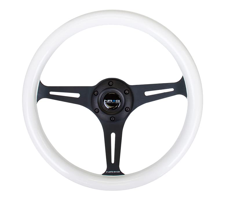 NRG Innovations Classic Wood Grain Steering Wheel, NRG-ST-015BK-GL-PP 350mm 3 Black Spokes- Glow-in-the-Dark Purple Color