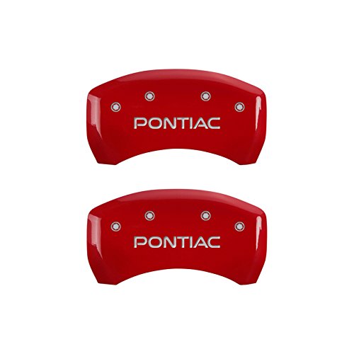 Caliper Covers MGP 18011SPOPRD (Red Powder Coat Finish, Engraved Front and Rear: Pontiac, Silver Characters, Set of 4)