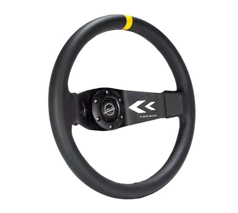 NRG Innovations Reinforced NRG-RST-022R-Y Steering Wheel Two Spoke 350mm Sport Arrow Cut Out (3" Deep) Black Leather, Yellow Center Marking