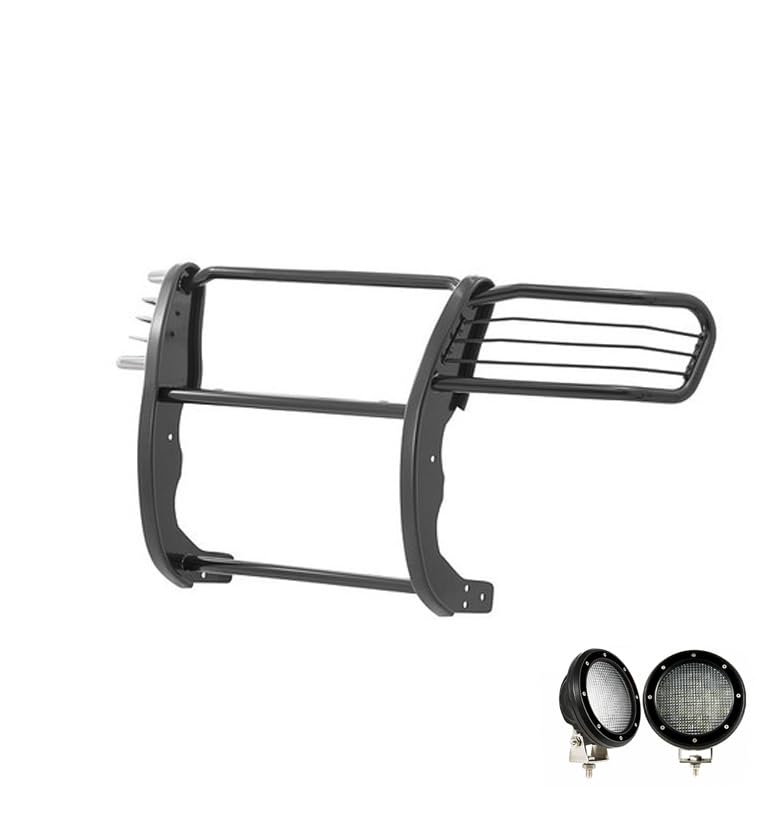 Grille Brush Black Horse Bumper Guard Modular Black Come with Pair of 5.3" Dia.LED Lights with Black Trim Rings Compatible with 2005-2015 Toyota Tacoma-17A096400MA-PLFB