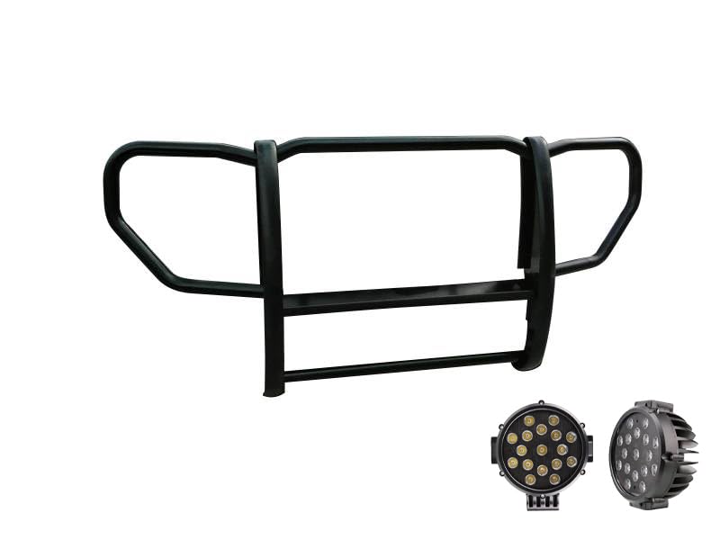 Bumper Guard Black Horse Grille brush 1-Piece Black Come With pair of 7.0"Dia.LED Lights with Trim Rings Compatible with 2008-2012 Jeep Liberty-17A086400A-PLB