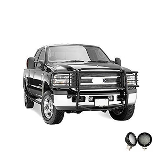 Bumper Guard Black Horse Grille Brush Modular Black Come with Pair of 5.3" LED Lights Compatible with 1999-2007 Ford F-250 Super Duty|1999-2004 Ford F-350/F-450/F-550 Super Duty-17FB23MA-PLFB