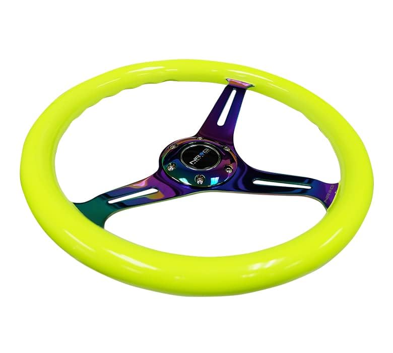 NRG Innovations Steering Wheel NRG-ST-015MC-NYW - 350mm 25mm Deep Configuration, Classic Wood Grain Wheel, 3 Neochrome Spokes-Neon YELLOW Color