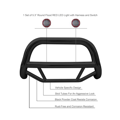 Max Bull Bar Kit Black Horse No Skid Plate Black Compatible with 2022-2025 Nissan Pathfinder|2022-2024 Infiniti QX60, Comes with a Set of 5.3" Red Round Flood LED Lights