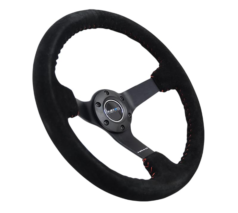 NRG Innovations Reinforced Steering Wheel NRG-RST-036MB-S-RD 3" Deep, 5mm Matte Black Spoke, 350mm Sport Steering Wheel Black Suede With Red Baseball Stitching