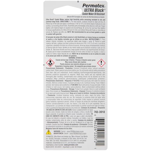 Permatex Ultra Black 22072 Maximum Oil Resistance RTV Silicone Gasket Maker, Sensor Safe And Non-Corrosive, For High Flex And Oil Resistant Applications 0.5 oz