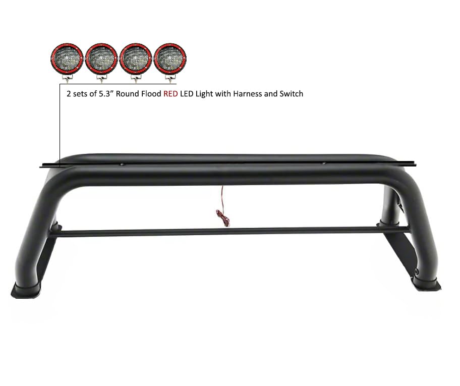 Classic Black Horse Roll Bar Incl. Set of 5.3" Dia.Led Lights w/Red Trim Rings Compatible with 99-22 Ford F-250 Super Duty|99-22 Ford F-350 Super Duty|99-22 Ford F-450 Super Duty-RB015BK-PLFR