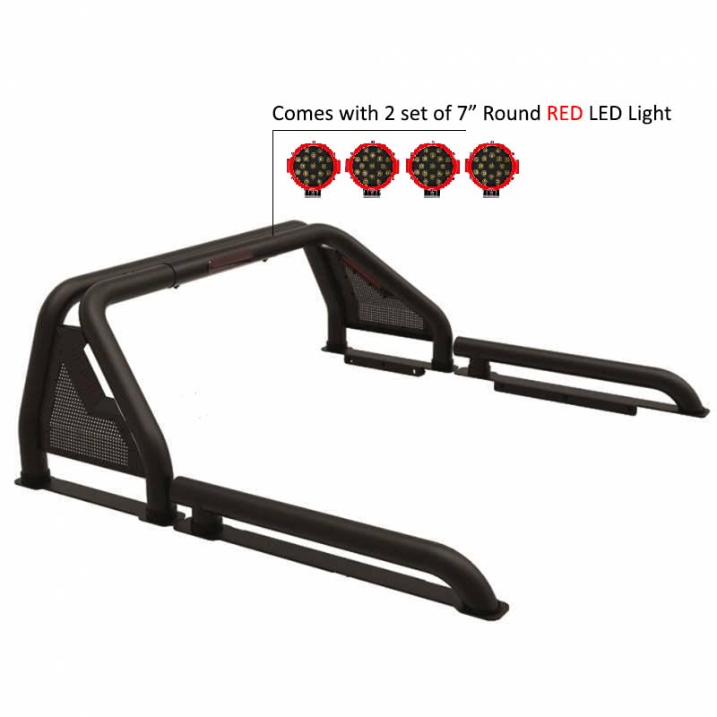 Gladiator Roll Bar Black Horse Incl. Pair of 7.0" Dia. Led Lights w/Red Trim Rings Modular Compatible with 2019-2022 Ford Ranger-GLRB-07B-PLR